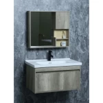 Ceramic With Wooden Cabinet and Mirror With Pharmacy Hand Washbasin, Wooden Beige Color, Size 80 cm  