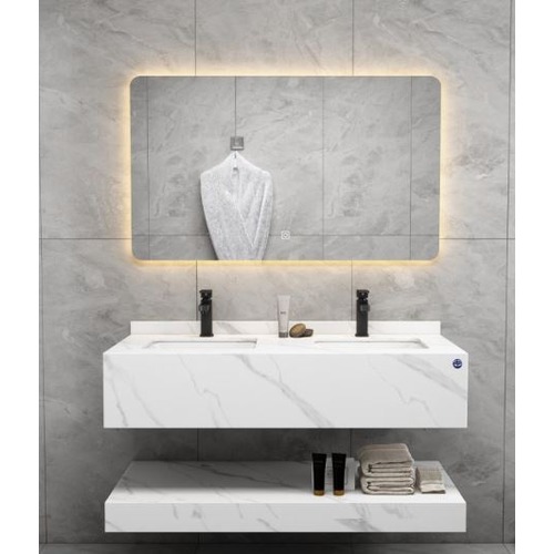 Artificial Marble Double Basin 120 cm, White With Lead Veins with LED Mirror | Algafary Sanitary ware