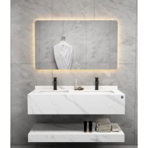 Artificial Marble Double Basin 120 cm, White With Lead Veins with LED Mirror | Algafary Sanitary ware