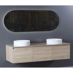 Marble Surface Ceramic Hand Washbasin Double Bowl 140 cm Beige with Wooden Cabinet | Al Muhaidib Sanitary and Ceramic