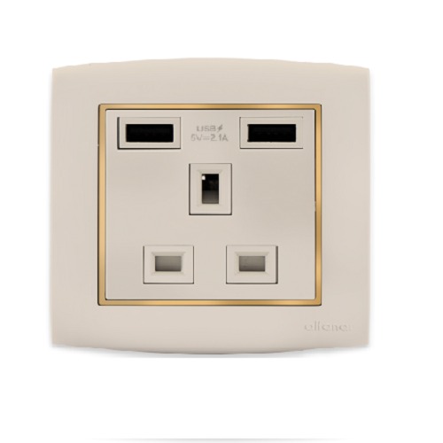 Electrical Switch Socket 13 Amp USB Charge 7x7 cm Gold with Gold Ring | Al Fanar