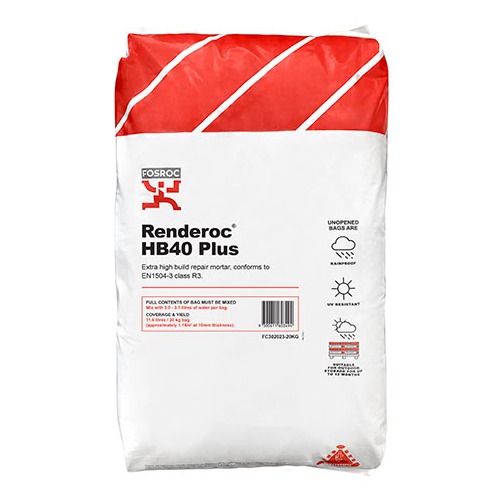 High Build Repair Mortar Renderoc HB40 Plus 20 kg, Vertical/Overhead Use | Fosam Company Limited