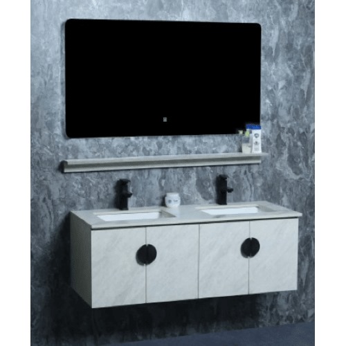 Wooden Double Bowl Wash Basin 120 cm Gray White with Marble Undermount Basin, LED Mirror & Shelf | Al Muhaidib Sanitary and Ceramic