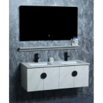 Wooden Double Bowl Wash Basin With Marble Undermount Basin, LED Mirror And Shelf, Size 120 cm, Gray White