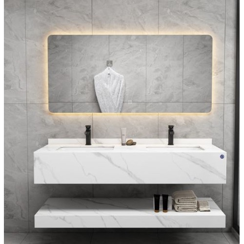 Artificial Marble Normal Double Basin 150 cm, White With Lead Veins, LED Mirror | Algafary Sanitary ware