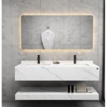 Artificial Marble Normal Double Basin with LED Mirror 150 cm, White With Lead Veins