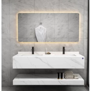 Artificial Marble Normal Double Basin 150 cm, White With Lead Veins, LED Mirror | Algafary Sanitary ware