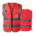 سترة عمل عاكسة، مزودة بثلاث جيوب وبطاقة تعريف، عرض 2 إنش، لون احمر