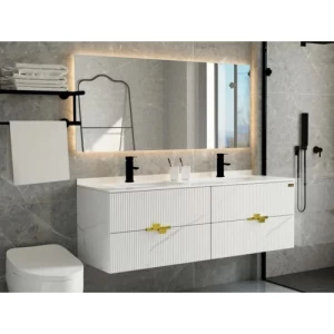 Double Basin Wooden Cabinet Wash Basin 150x50x54 cm, White with LED Mirror | Albayt Alaniq Sanitary Tools