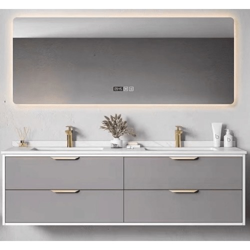Marble Surface Ceramic Wash Basin Double Bowl 120 cm, Light Gray with Wooden Cabinet | Al Muhaidib Sanitary and Ceramic