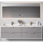 Marble Surface Ceramic Wash Basin Double Bowl Size 120 cm, Light Gray Color with Wooden Cabinet