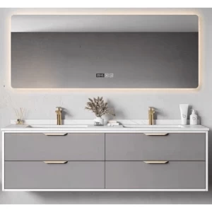 Marble Surface Ceramic Wash Basin Double Bowl 120 cm, Light Gray with Wooden Cabinet | Al Muhaidib Sanitary and Ceramic