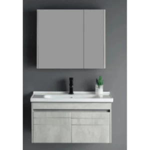 Bathroom Washbasin 80x46 cm Gray with Wooden Cabinet, Pharmacy Cabinet & Mirror | Al Muhaidib Sanitary and Ceramic