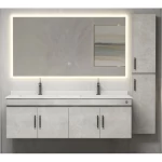 Double Basin Wooden Bathroom Wash Basin, Width 150 cm, Depth 52 cm, Height 49 cm, With LED Mirror, Light Grey Color