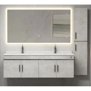 Double Basin Wooden Bathroom Wash Basin 150x52x49 cm, LED Mirror Light Grey | Albayt Alaniq Sanitary Tools