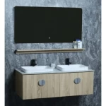 Marble Surface Ceramic Washbasin Basin Double Bowl With Wooden Cabinet Size 120 cm, Light Woody 