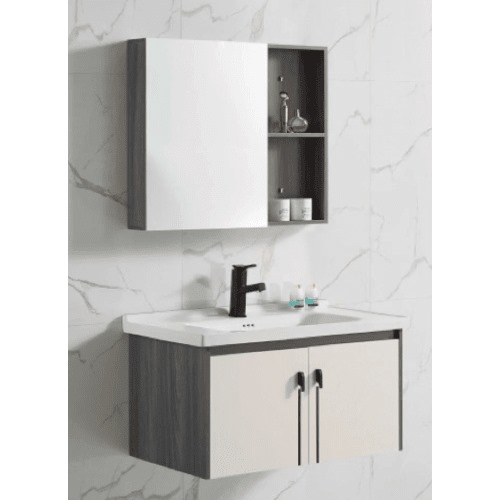 Ceramic Hand Washbasin 80 cm Gray White with Wooden Cabinet and Mirror Pharmacy | Al Muhaidib Sanitary and Ceramic
