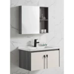 Ceramic Hand Washbasin With Wooden Cabinet and Mirror With Pharmacy, Size 80 cm Gray White Color  