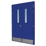 Fire door SFFECO Cold rolled steel  with a rectangular glass window Model  SF/DD  Double Door leaf size  1900 × 1950   mm  Color Blue