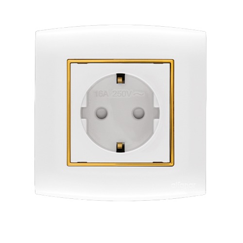 Schuko Socket With Shutter 2 Gang 16 Amp 7x14 cm White with Gold Ring | Al Fanar