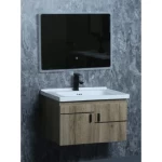 Ceramic Marble Top wooden brown Color Single basin washbasin with Wooden Cabinet and Mirrors, Size 80 cm 