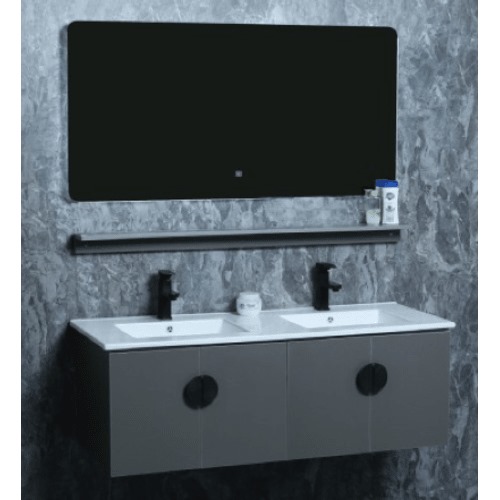 Marble Surface Ceramic Wash Basin Double Bowl 120 cm, Pearl Grey with Wooden Cabinet | Al Muhaidib Sanitary and Ceramic
