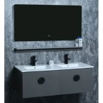 Marble Surface Ceramic Wash Basin Double Bowl Size 120 cm, Pearl Grey with Wooden Cabinet