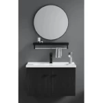 Hand Washbasin With Wooden Cabinet, A Circular Mirror And A Shelf Size 60 cm, Dark Grey