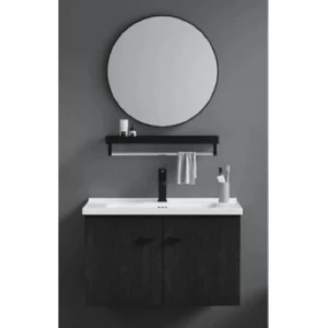 Hand Washbasin with Wooden Cabinet, Circular Mirror, Shelf 60 cm, Dark Grey | Al Muhaidib Sanitary and Ceramic