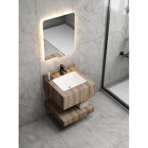 Artificial Marble Bath Washbasin 60 cm, Laser Basin with LED Mirror, Wooden Color | Algafary Sanitary ware