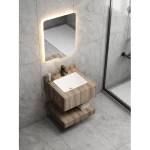 Artificial Marble Bath Washbasin Size 60 cm, Laser Basin with LED Mirror, Wooden Color