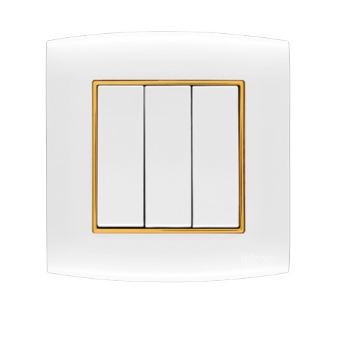 Electrical Light Switch 3 Gang 2 Way 20 Amp 7×7 cm White with Gold Ring | Al Fanar