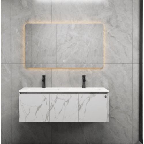 Bathroom Wooden Washbasin 120×47×44 cm Marbled White with LED Mirror | Algafary Sanitary ware