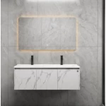 Bathroom Wooden Washbasin, Marbled white Color, Size 120×47×44 cm, LED Mirror