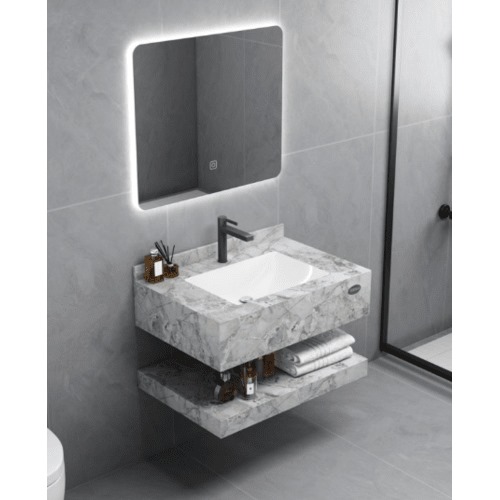 Shiny Artificial Marble Wash Basin 60×50×25 cm Gray with LED Mirrors and Shelf | Albayt Alaniq Sanitary Tools