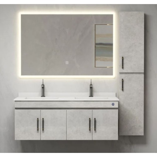 Double Basin Wooden Bathroom Wash Basin 120 cm, LED Mirror, Light Grey | Albayt Alaniq Sanitary Tools
