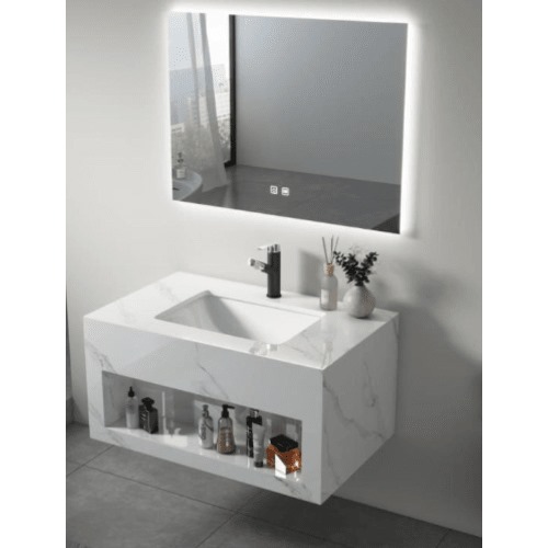 Modern Artificial Marble Wash Basin 100×50 cm, Marbled White with LED Mirrors & Shelf | Albayt Alaniq Sanitary Tools