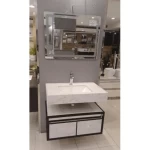 Marble Surface Ceramic 2 Part Wash Basin Size 80 cm, White Color With Wooden Cabinet