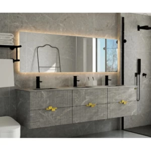 Wooden Cabinet Wash Basin 3 Basins LED Mirror 200×50×54 cm, Dark Gray | Algafary Sanitary ware