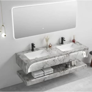 Modern Laser Double Basin Artificial Marble Wash Basin 140×50 cm with LED Mirror | Albayt Alaniq Sanitary Tools