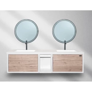 Two Porcelain Basins Decorative Wooden Washbasin with LED Mirror, Size 171 cm, Plywood Model | Zinco Trading Company
