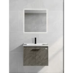 Bathroom Wooden Washbasin With Ceramic Basin and LED Mirror, Gray Color, Dimensions 60×47×46 cm