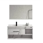 Marbled White Wooden Bathroom Wash Basin With LED Mirrors, Size 100×50×50 cm