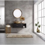 خزانة حمام مع مغسلة ومرايا دائرية ورف، لون أسود مع زخرفة ذهبي، مقاس 105 سم | مجموعه سمايل