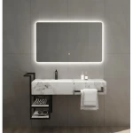 Single Basin Artificial Marble Wash Basin With LED Mirrors and Black shelves, Size 120×50 cm, Golden grey Color