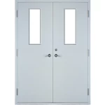 Fire door SFFECO Brand Cold rolled steel  with a rectangular glass window Model SF/DD  Double Door leaf size  1900×1950    mm  Color Gray