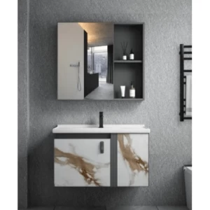 Aluminum Decorative Sink Wall Hung 80×47 cm with Mirrored Medicine Cabinet, White Golden Marble | Al Muhaidib Sanitary and Ceramic