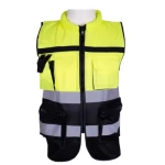   safety vest, high collar with pockets and zipper, Size M, Weight  1 kg, Phosphorescent and Black Color 