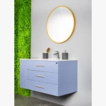 Washbasin Cabinet and Round Mirror, Size 100 cm, White Color with Gold 