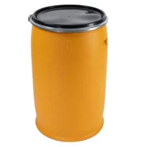 برميل بلاستيك HDPE سعة 220 لتر، اصفر، قطر 58 سم، ارتفاع 93 سم | مصنع الفريدي للصناعات البلاستيكية
